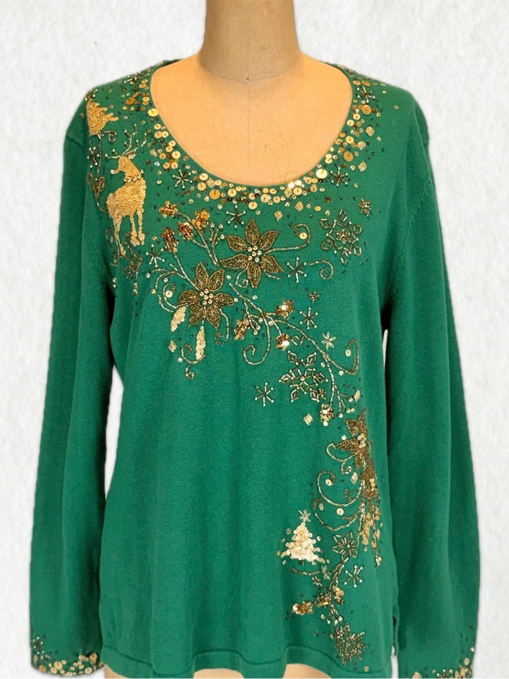 VINTAGE glam sequin deer reindeer knit top long sleeve poinsettia beads gold 90s
